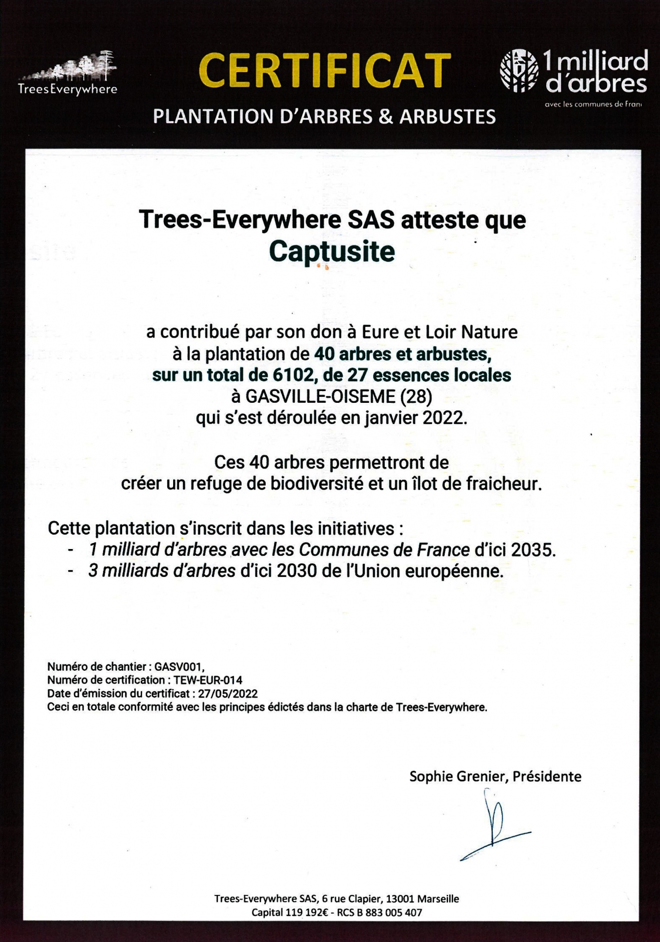 Certificats plantation d'arbres