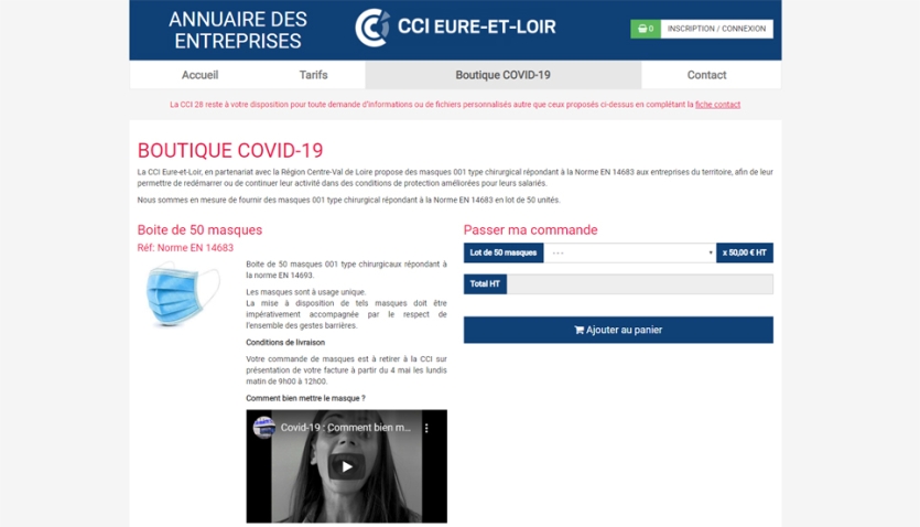 Ajout boutique en ligne pour achat masques chirurgicaux via la CCI28