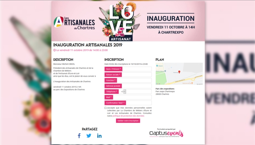 Outil d'inscription en ligne pour l'inauguration des Artisanales de Chartres